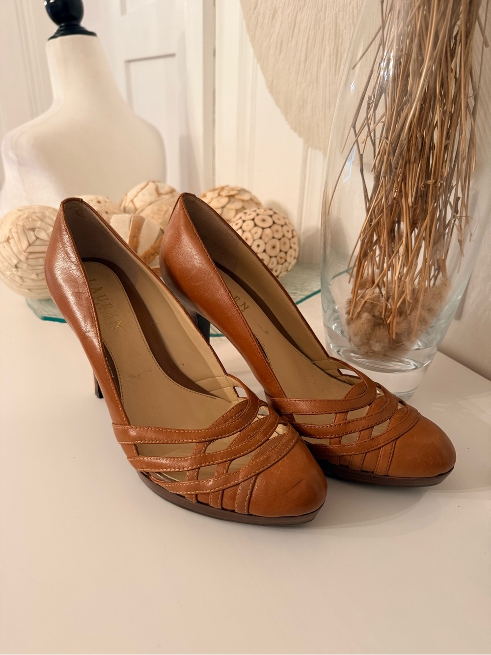 Ralph Lauren Cognac Leather Woven Toe Pumps